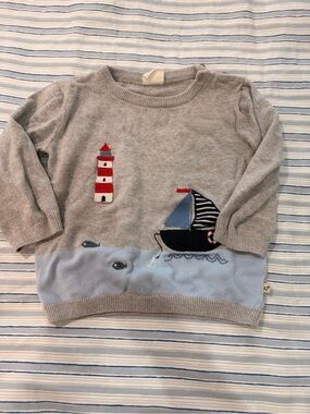 Gray & Light Blue Nautical Knit Sweater for Kids with Sailboat Motif